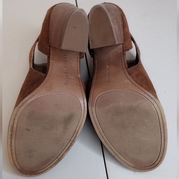 Lucky Brand Oona Brown Suede Leather Open Toe Stacked Heel Ankle Booties Sz 8M - Picture 10 of 16
